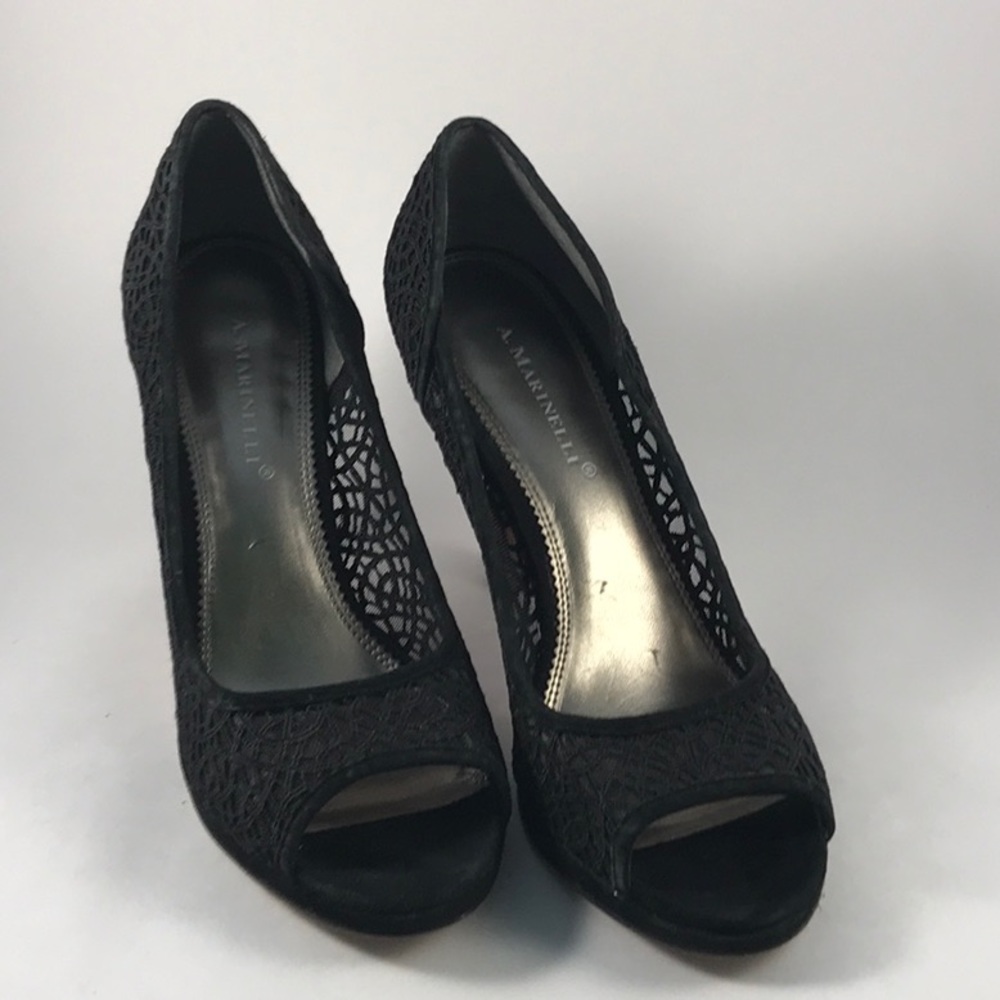 A. Marinelli “Oma” Black Lace Suede Peep Toe Heel.